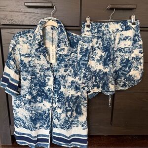 Commense Blue and White Button Down Shirt and Short Set